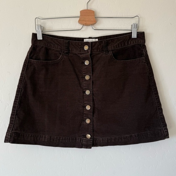 Forever 21 Chocolate Brown Cotton Brass Button Down Corduroy Mini Skirt Size 29 - Picture 1 of 7